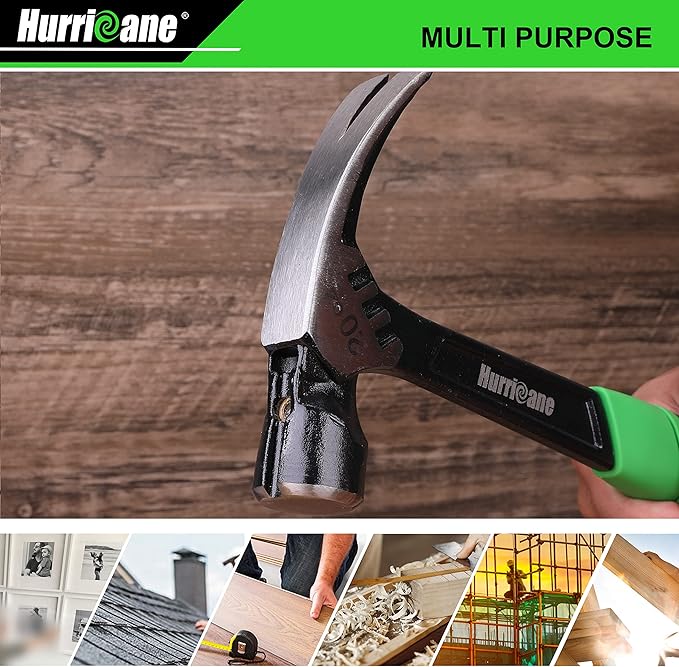 HURRICANE 20 oz Claw Hammer with Magnetic Nail Holder, Straight Rip Claw Hammer with Shock-Absorbing Handle, Heavy Duty One-piece Forged Hammer