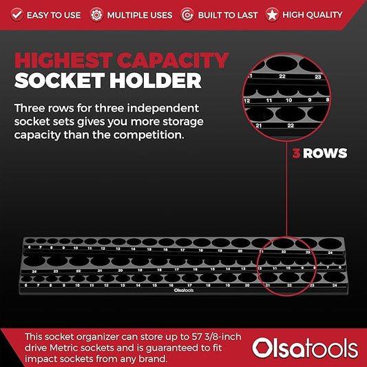 Olsa Tools Magnetic Socket Organizer (3/8-Inch Drive, 3 Row) - Magnetic Tool Organizer & Socket Holder - Tool Box Socket Organizers - Metric Black - Holds 54 Sockets - Professional Grade - Part: 1553