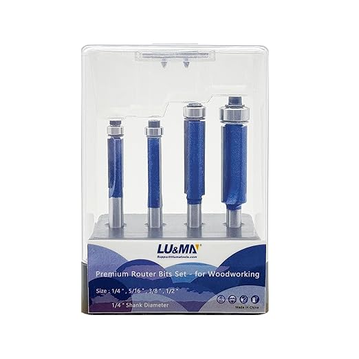 Flush Trim Router Bit Set,4 PCS – ¼″ Shank Top-Bearing Solid Carbide Router Bits for Wood, MDF, Chipboard & Plywood – Cutting Diameters ¼″ • 5⁄16″ • 3⁄8″ • ½″
