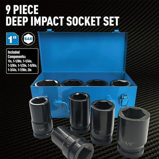 1 Inch Drive Deep Impact Socket Set, 9 Pieces Jumbo Impact Socket Sets, SAE 1" to 2", Chrome Steel, 6-Point Design, Metal Case