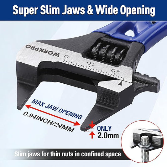 WORKPRO 4-Inch Thin Jaws Stubby Wide Opening Adjustable Wrench, Small Adjustable Wrench with 2mm Slim Jaws for Easy Access to Tight Spaces, Metric/SAE Scales, Cr-V Steel