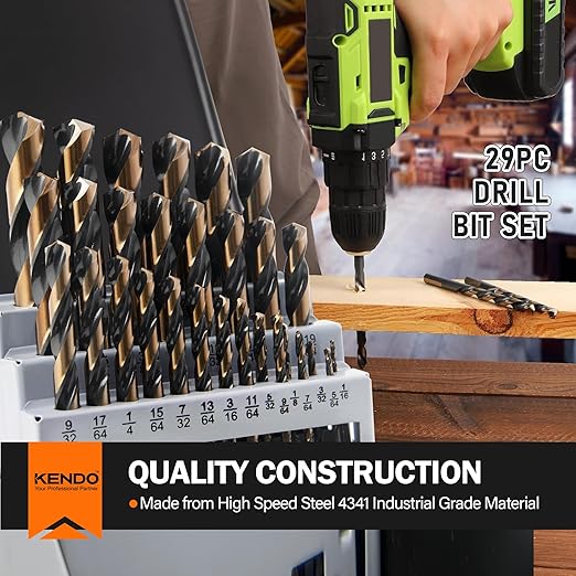 KENDO 29PC Drill Bit Set, 1/16"-1/2" Size 135째 Tip HSS with Black and Gold Finish with Storage Case, Twist Jobber Length Drill Bit Kit for Cast Iron, Hardened Metal, Stainless Steel, Plastic and Wood