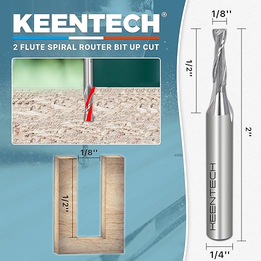 KEENTECH 1/4" Shank Upcut 2 Flute Flat Tip Sprial Router Bit for CNC Router Machine, 1/8" Cutting Diameter, 1/2" Cutting Depth, for Wood Cutting, Custom Furniture, Slot Mortise, Engraving, Carving