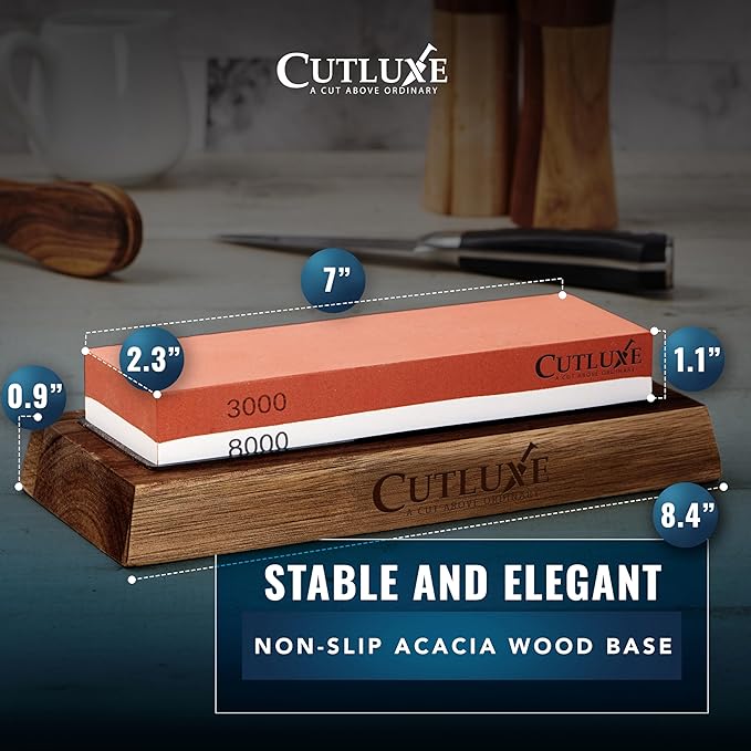 Cutluxe Whetstone Knife Sharpener ??Sharpening Stone Kit, Professional 4 Side Grit 400/1000/3000/8000, Non Slip Acacia Wood Base, Angle Guide, Black Flattening Stone, Leather Strop