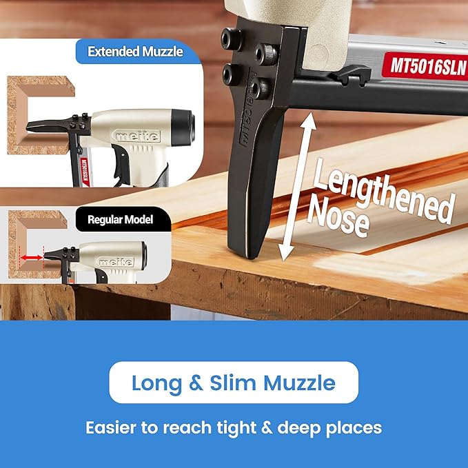 meite Upholstery Staple Gun with Extended Nose &Safety Trigger for 20 Gauge 1/2-Inch Crown Staples, Heavy-Duty Pneumatic Stapler for Woodworking and Decoration DIY Projects (Model MT5016SLN)