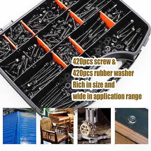 weideer 840pcs #8#10#12#14 Self Tapping Screws for Metal,410 Stainless Steel Screws Assortment Kit, Black Hex Washer Head Quick Tapping Screw with Rubber Washer (420 Sets) K-189-BK