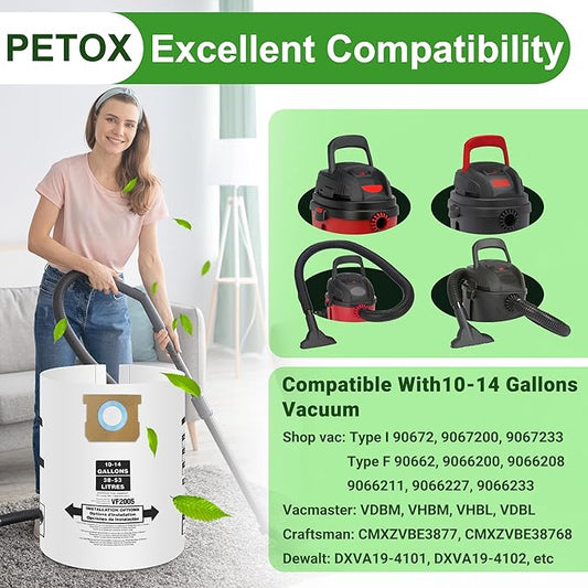 5 Pack Vacuum Bags Replacement for Shop Vac Bags 10-14 Gallon Type F 90662 9066200 9066233 and Type I 90672 9067200 9067233, PETOX High-Efficiency Disposable Vaccum Collection Filter Bags