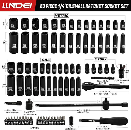 LLNDEI 1/4 inch Drive Impact Socket Set 83 Piece,Standard SAE(5/32-9/16 inch) Metric Size(4-15mm),72T Ratchet Wrench Handle,CR-V Mechanics Tool Set with Adapter,Screwdriver Bits for Automotive Repair