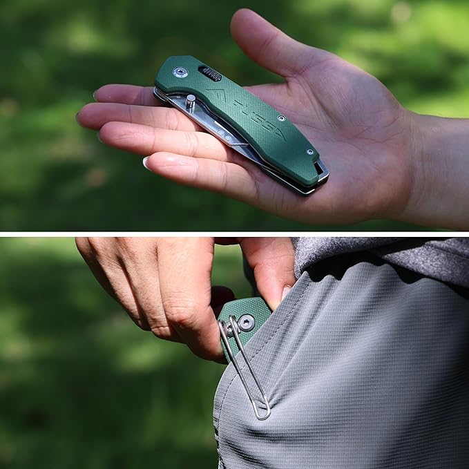 FLISSA Replaceable Blade Folding Knife, 3-in-1 Pocket Hunting Knives, Liner Lock Knife for Hunting, Skinning & Field Dressing, Green G10 Handle, Includes 16 Blades