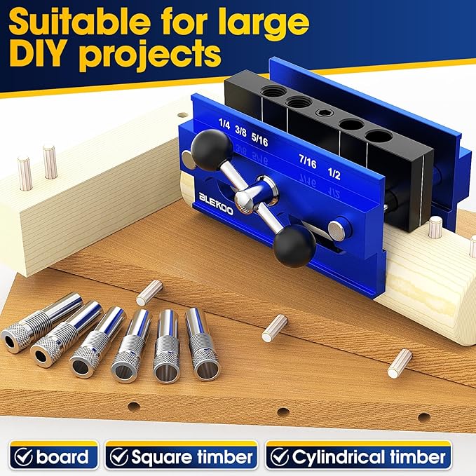 Upgrade Self Centering Doweling Jig Kit, Drill Jig For Straight Holes Biscuit Joiner Set With 6 Drill Guide Bushings, Adjustable Width Drilling Guide Power Tool Accessory Jigs (Blue)