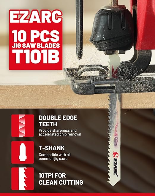 EZARC 10PCS Jigsaw Blades T101B Jig Saw Blades Set for Wood Clean Cutting Assorted T-Shank Replacement 10 TPI Curved & Scrolling Cutting