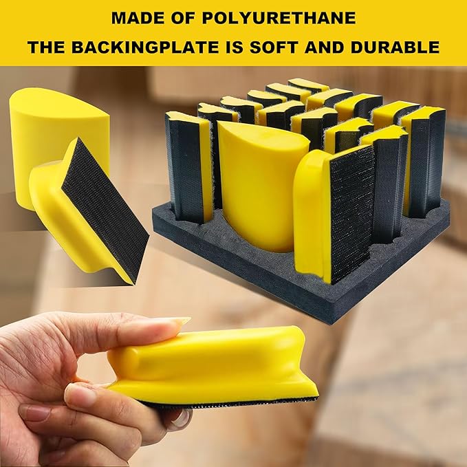Hand Sanding Block Set of 16,Interchangeable Assorted Contoured Profile Sanding Pad Kit,Hook and Loop Abrasive Sanding Chassis for Sand Wood Furniture, Auto Paint and Crafts,Yellow