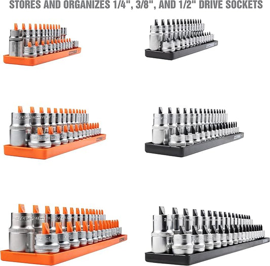 OEMTOOLS 22418 Socket Organizer Set, 6-Piece Holder Set Includes 1/4", 3/8", 1/2" Drive Metric SAE Socket Trays, Tool Box Organizer, Christmas Gift for Men(Sockets not Included)