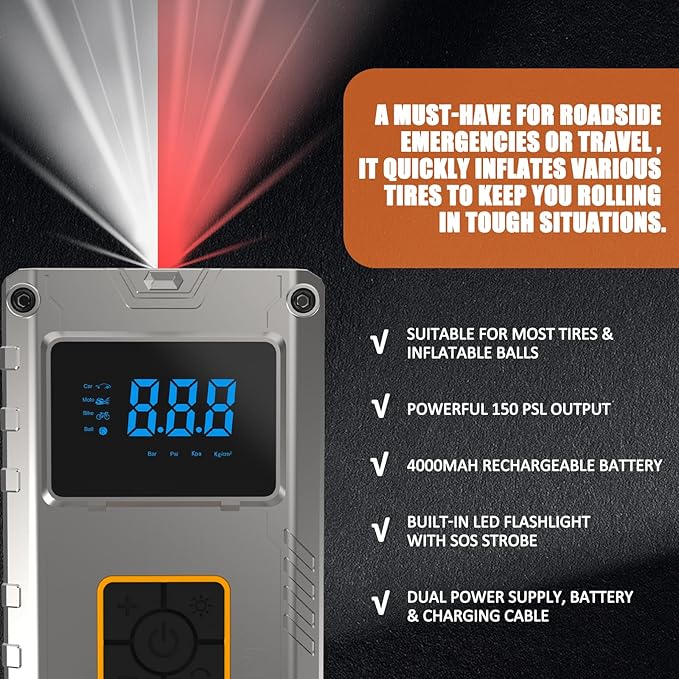 Bike pump, 150 PSI,Portable tire inflator for car,Air pump for car tires, Rapid Inflation Car Tire Inflator with Auto Shut-Off for cars