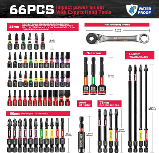 66Pcs Tools Set Packaged with Heavy-duty Tool Box, Include Impact Screwdriver Bits, Nut Driver, Mini Ratchet Wrech and Impact Bit Holder for Home Repairs DIY