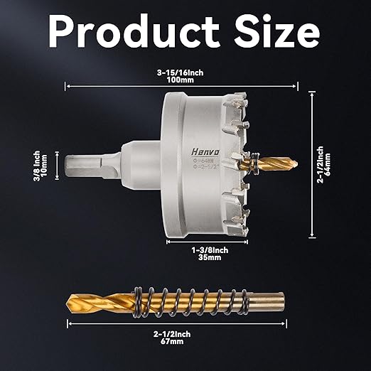 Hole Saw 2-1/2" (64mm) Heavy Duty Carbide with 2 Pilot Drill Bits - Metal Hole Cutter Cuts Stainless Steel, Iron, Copper, Brass, Plastic