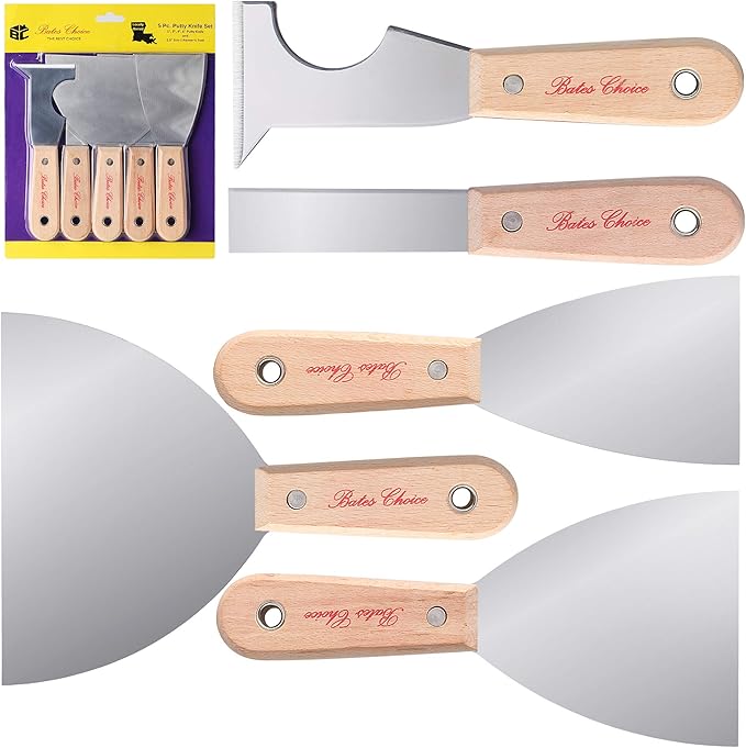 Bates- Paint Scraper, 5 Pc Scraper Tool, Putty Knife Set, Putty Knife, Painting Tools, 5 in 1 Tool, Spackle Knife, Wallpaper Scraper, Painters Tool, Crown Molding Tool, Paint Remover for Wood, Scraper