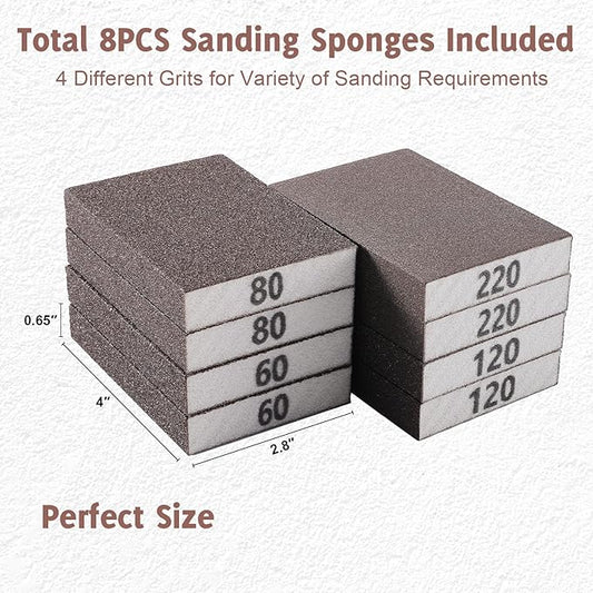 8PCS Sanding Sponge, Sanding Blocks of 60/80/120/220 Assorted Grits, Flexible & Reusable, Sandpaper Block for Wood Drywall Metal, Hand Sand Block for Wet or Dry Sanding, Flat or Curved Surfaces