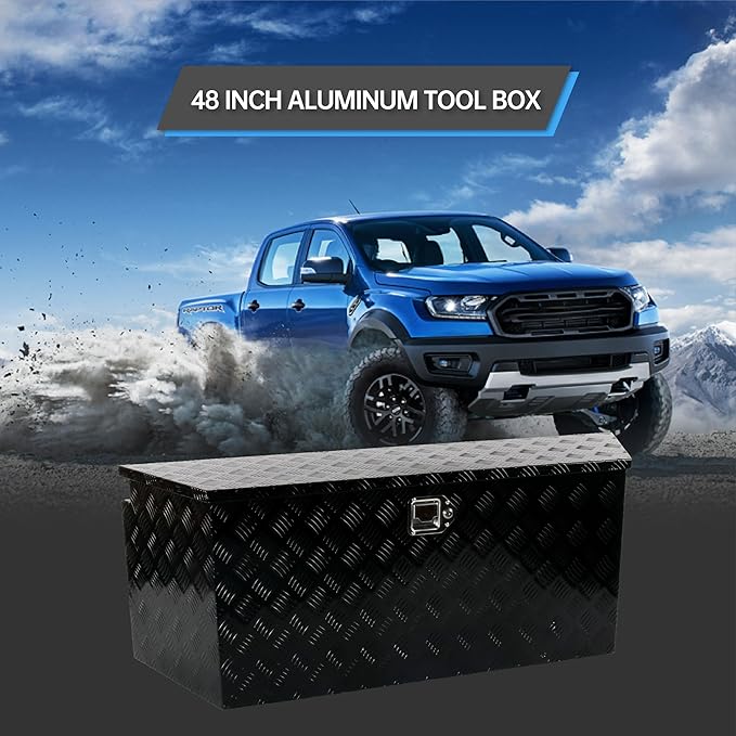 49 Inch Aluminum trailer tongue box heavy duty 5 Bar Tread Trailer tool box Storage Organizer with Flipped steps, Black (49'' x 15'' x 18.5'')