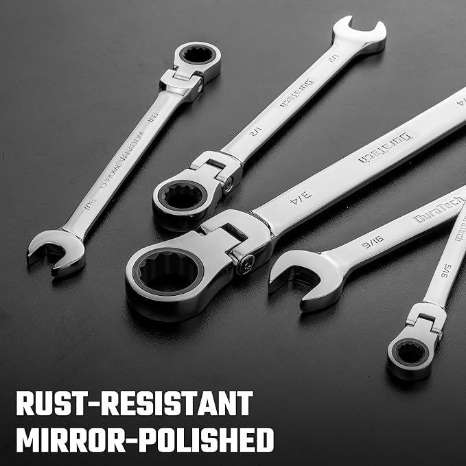 DURATECH 7/16" Flex-Head Ratcheting Combination Wrench, SAE, 72-Tooth, CR-V Steel