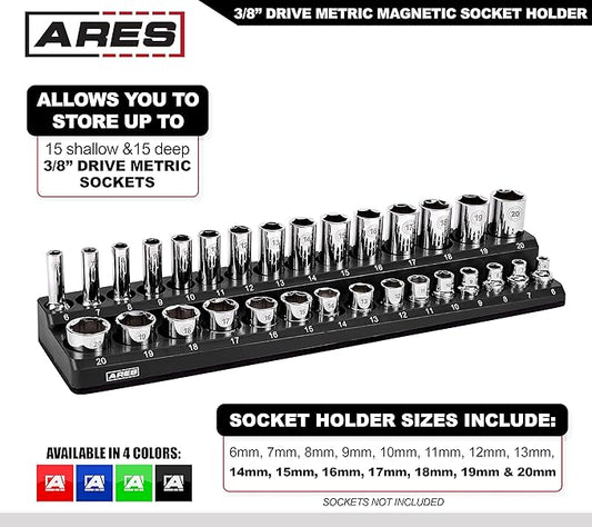 ARES 70235-30-Piece 3/8-Inch Metric Magnetic Socket Holder - Securely Holds 15 Standard and 15 Deep Size Sockets in Place - Keeps Your Tool Box Organized