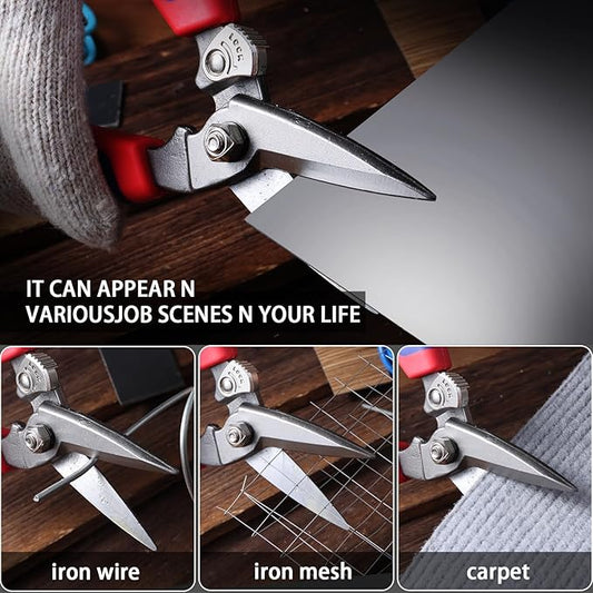 Heavy Duty Industrial Scissors: Utility Sharp Aviation Tin Snips for Cutting Thin Metal Sheet, Fine Iron Wire, Wires, Plastic, Rubber Hose, Carpet, Cardboard (8'' Blue)