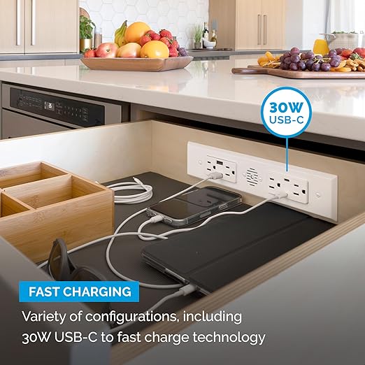 Docking Drawer Blade Duo in-Drawer Outlet, Safety Shutoff, (2) 30W USB-C, (2) USB-A & (4) 15 amp AC, White