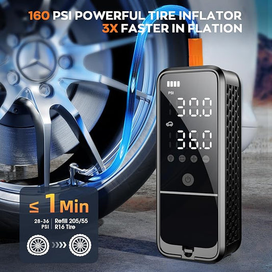 160PSI Tire Inflator Portable Air Compressor, 6000mAh Air Pump for Car Tires Cordless Bike Pump with LED Light&Auto Shut-Off Function Portable Tire Inflator for Car, Motorcycle, Bicycle, Ball