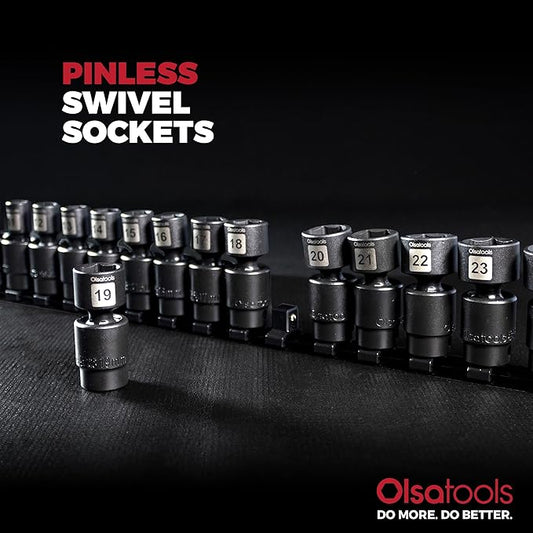 Olsa Tools Swivel Impact Socket Set, 1/2" Drive Metric - Pinless Universal Joint Sockets - Impact Swivel Socket Set - Drop-Forged Cr-Mo High Torque Wobble Sockets with Rail - Part: 1781