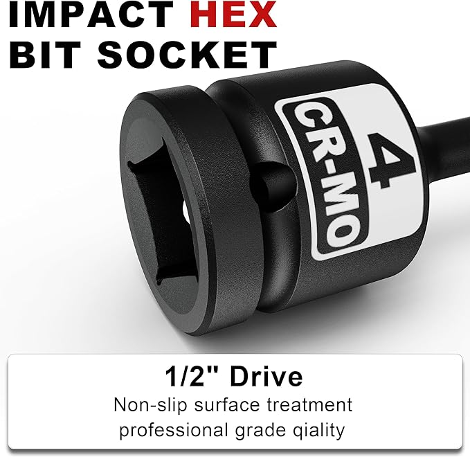 1/2" Drive 4 mm Hex Impact Bit Socket, H4 Allen Bit Socket, Metric, Cr-Mo Steel, Automotive Repair Industrial Maintenance and DIY Enthusiasts Alike