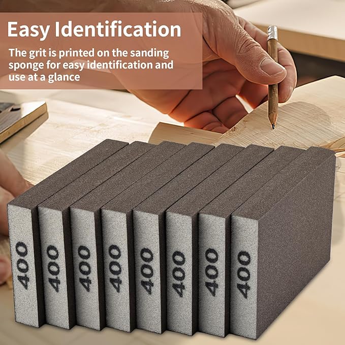 8 Pack Sanding Sponge, Sanding Blocks 400 Grit, Sand Paper for Wood Furniture, Sander Pads, Washable and Reusable Sandpaper for Drywall Metal Glasses Repair (400 Grit)