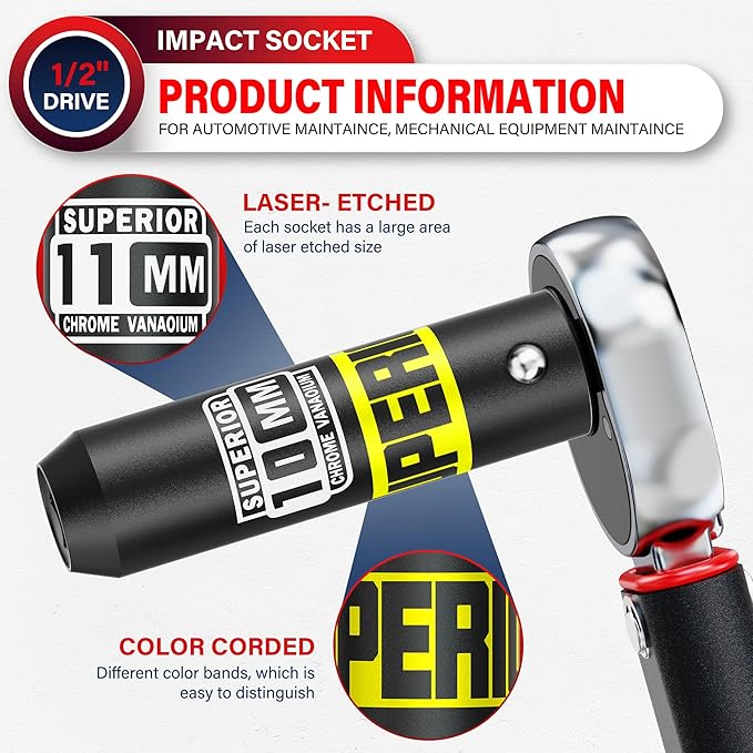 1/2" Drive Impact Socket, 10 mm Deep Socket, Metric, 6 Point, CR-V, for Automotive Maintaince, Mechanical Equipment Maintaince
