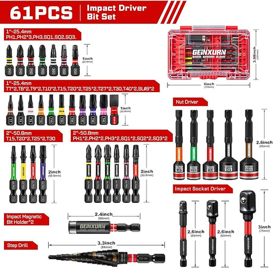61Pieces Impact Screwdriver Bits Set, Magnetic S2 Steel 1??2?쒺hillips/Square/Torx/Slotted Bits Tips,Impact Bit Holder and Nut Driver and Socket Adapter with Storage Box Case