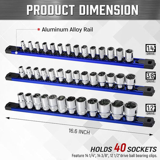 ALOANES 3-Piece Magnetic Socket Organizer, Heavy Duty Aluminum Socket Rails Organizer, 360째 Swivel Clips Socket Rail Set For Sockets Storage, 1/2, 3/8, 1/4-Inch Socket Holder x 40 Clips (Blue)
