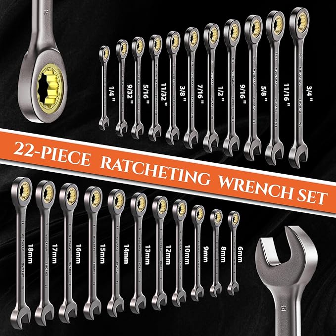 SUZUME 22-Piece Ratchet Wrenches Set Metric (6-18mm) SAE (1/4??3/4?? Cr-V Steel 72-Tooth 5째 Swing Arc Combination Wrench Sets with case for Tight Spaces Ideal for Mechanics and DIY Enthusiasts