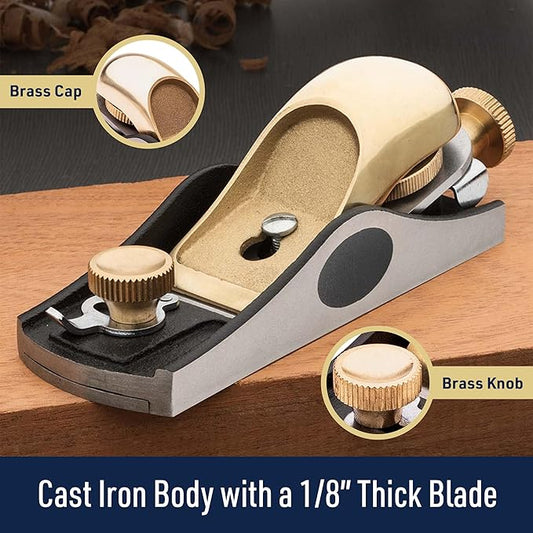 Low Angle Block Plane - Wood Planer Hand Tool with 1/8” Blade, Cast Iron Body, and Brass Knobs and Cap - Hand Planer for Woodworking with Adjustable Mouth for Thin Shavings by Kings County Tools