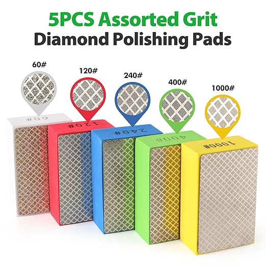 Diamond Hand Polishing Pads, 5PCS Diamond Sanding Pads 60/120/240/400/1000 Grit Sanding Block Foam Backing for Tile Glass Stone Marble Granite Ceramics Metal Wet&Dry
