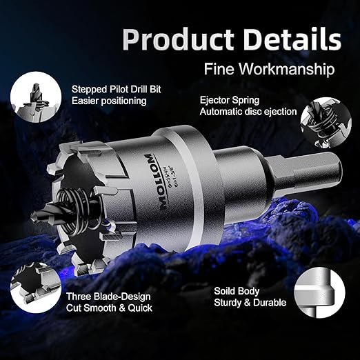 Mollom 10Pcs (16-54mm) TCT Carbide Hole Saw Kit for Hard Metal, Extra 2xTitanium & 1xStepped Pilot Drill bits and 2Pcs Hex Key for Stainless Steel, Iron,Aluminum,Alloy,Metal