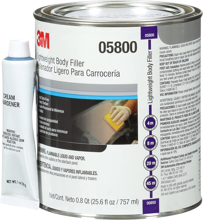 3M Lightweight Body Filler, 05800, 1 qt, White, Repairs Dents, Dings for Automotive