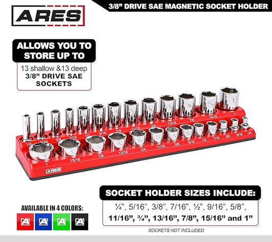 ARES 70234-26-Piece 3/8-Inch SAE Magnetic Socket Organizer - Holds 13 Standard Size and 13 Deep Size Sockets - Keep Your Tool Box Organized