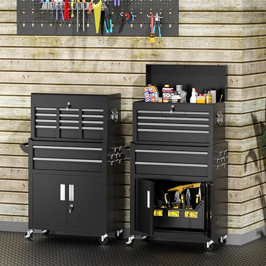 INTERGREAT 8-Drawers Rolling Tool Chest, Assembled Tool Chest with Wheels, Detachable Top Tool Box, Tool Cabinet for Repair Room,Warehouse, Rolling Tool Box with Hooks,Tray Divider,Liners(Black)