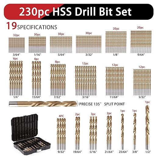 230 Pcs Drill Bit Set, 135째 Tip Titanium Coated High Speed Steel, Twist Drill Bit Kit for Iron, Aluminum Alloy, Copper, Wood, Plastic, with Hard Storage Indexed Box 3/64''-1/2''