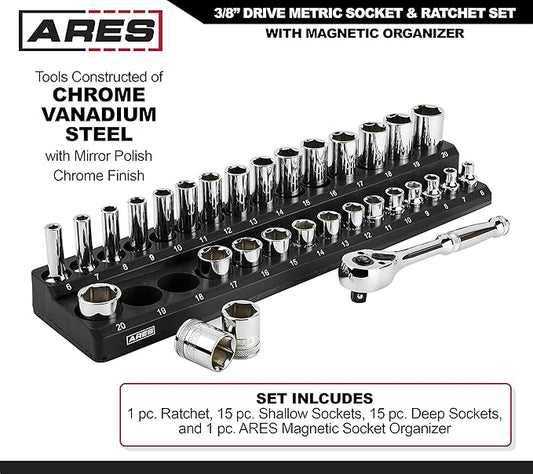 ARES 47004-32-Piece 3/8-inch Drive Metric Socket and 90-Tooth Ratchet Set with Magnetic Organizer - Sizes 6mm to 20mm Deep and Shallow Sockets