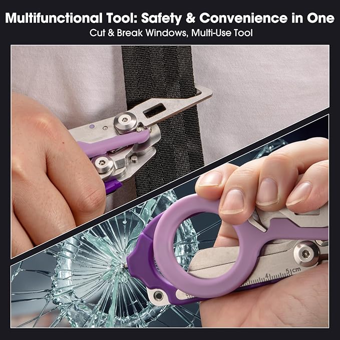 multifunctional tool set includes key tools, card tools, 6-in1 Trauma Shears, scissors with K-sheaths, suitable for outdoor exercise, garden pruning, and daily household use (double purple)