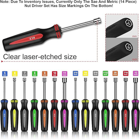 P.I.T.14PC SAE and Metric Nut Driver Set,Solid Shaft Nut Drivers(3/16 to 1/2 Inch and 5 to 10 mm) For Tightening and Loosening Fasteners with Color Coded Nonslip Comfort TPR Hand Grips.
