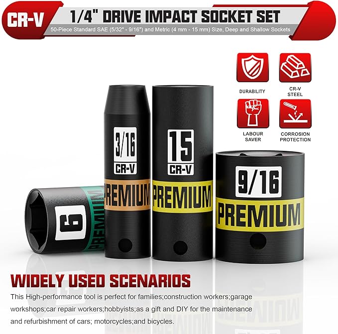 1/4" Drive Impact Socket Set, 50-Piece Standard SAE (5/32" - 9/16") and Metric (4 mm - 15 mm) Size, Deep and Shallow Sockets, Cr-V Steel, 6 Point, Auto Repair Bicycle Maintenance