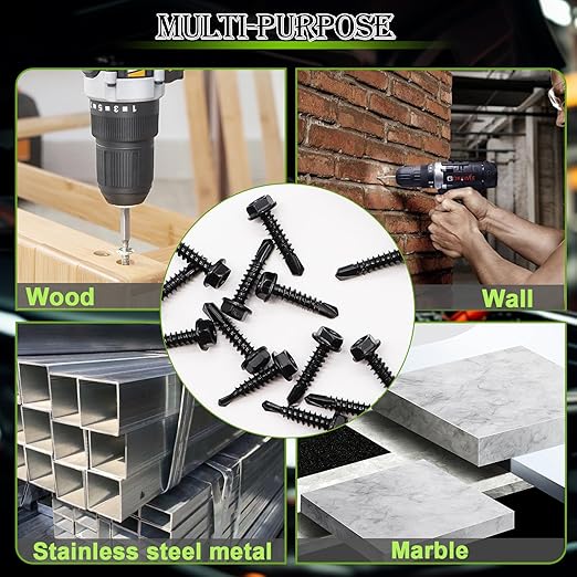 mxuteuk 165PCS #8#10 Self Tapping Screws,410 Stainless Steel Self Drilling Screws,Black Zinc Plated Hex Washer Head Sheet Metal Screws Suitable for Wood, Metal or Tough Materials