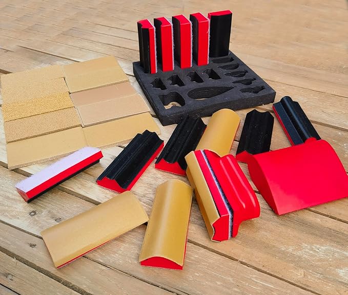 16-Piece Contoured Profile 4" Hand Sanding Block Set with 40 Sheet Hook & Loop Sandpaper Kit - Interchangeable Assorted Convex & Concave Shapes for Woodworking Furniture, Auto Paint and Crafts