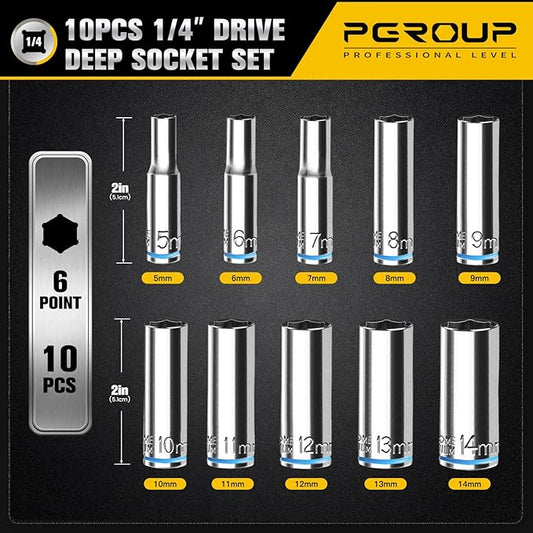 10PCS 1/4??Drive Deep Socket Set, Metric (5mm-14mm), 6-Point, Cr-V Steel, Chrome Plated Socket With Hanging Bracket, Cover Most Commonly Sizes