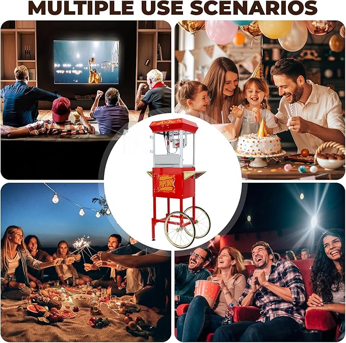 8 Oz Popcorn Machine Cart, 650 W, Popcorn Maker Machine with Stainless-Steel Kettle, Movie Theater Popcorn Machine with Steel Frame Tempered Glass Doors & Heated Warming Deck, Red